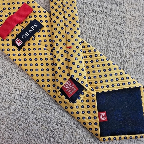 #Chaps Ralph #Lauren #Silk Neck #Tie Golden Yellow Background, Blue Dots - Picture 2 of 7